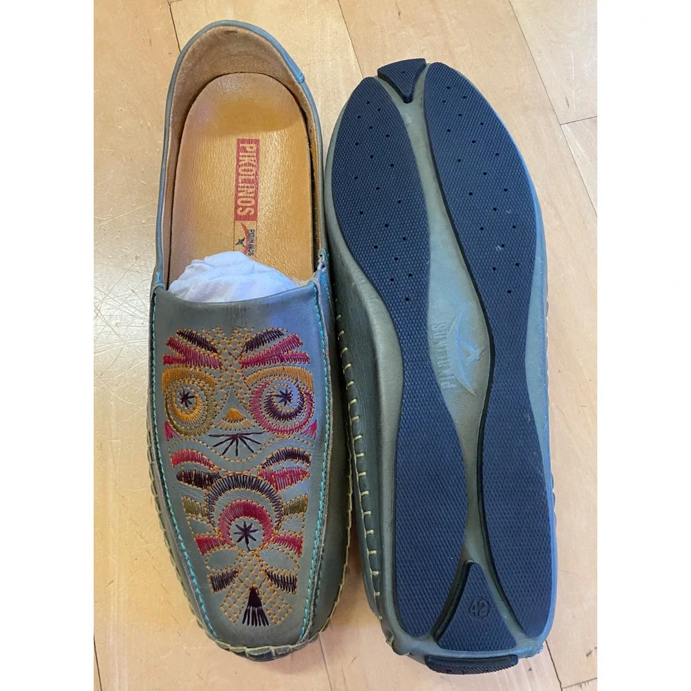 PIKOLINOS Embroidered Leather Mules Mar Sage Green Moccasin Loafers Women 42 NIB